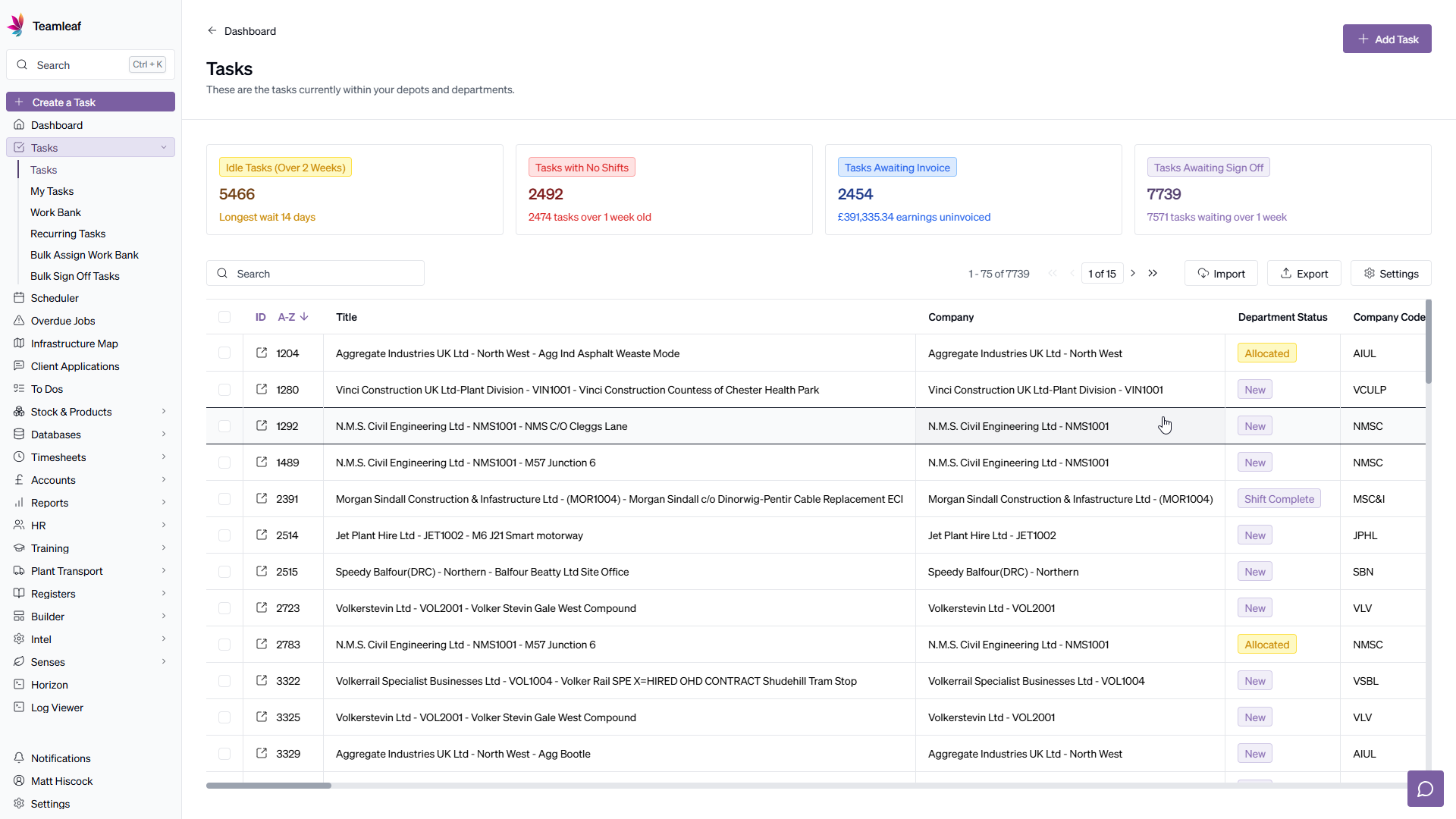 Screenshot of Teamleaf 10 Task List